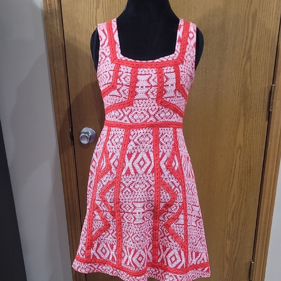 Maeve Anthropologie Vibrant Red and White Geometric Mini Dress - Picture 1 of 9